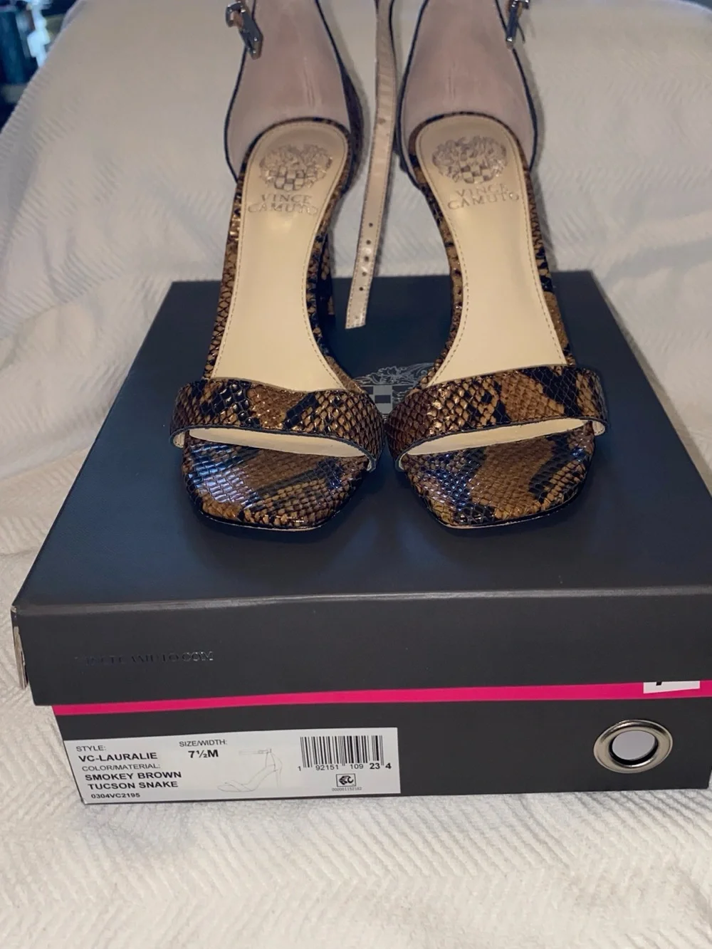 Vince Camuto Brown Snake-Print Ankle Strap Stiletto Sandals; 7.5M